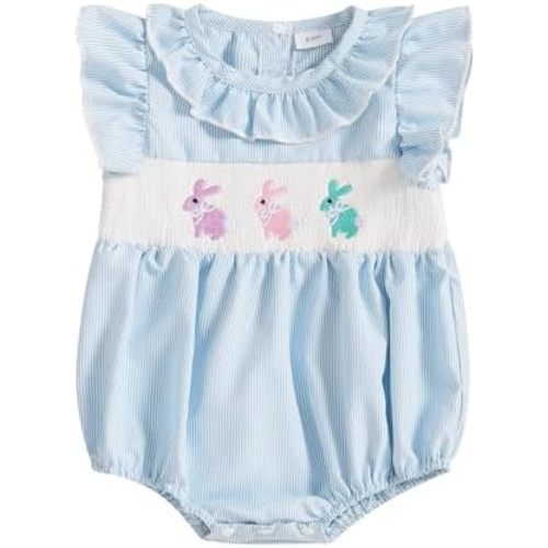 Newborn Baby Girl Smocked Romper Embroidery Peter Pan Collar Ruffle Sleeve Bubble Bodysuit Summer Outfit