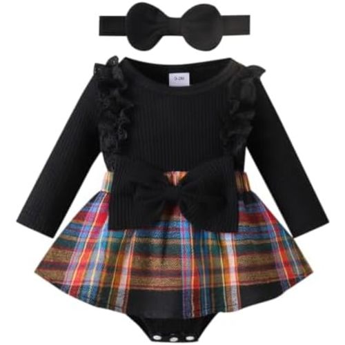 Baby Girl Clothes Fall Winter Outfit Plaid Romper Long Sleeve Dress Lace Ruffles Bodysuit with Bow Headband