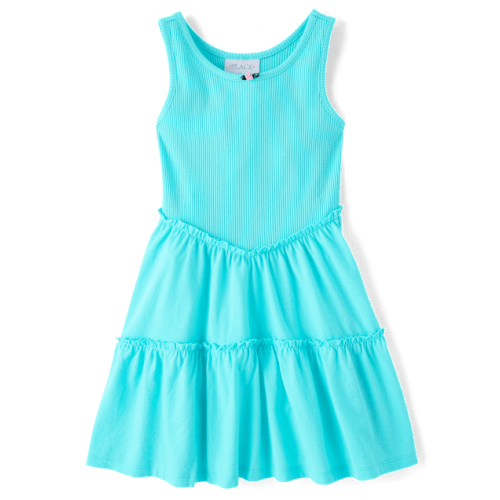 Girls Sleeveless Ribbed Tiered V-Waist Dress - BLUE | The Children's Place