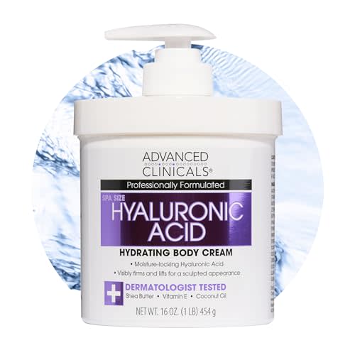 Advanced Clinicals Hyaluronic Acid Moisturizer Body Cream W/Vitamin E | Hydrating Cream & Body Lotion For Women & Men To Help Improve Look of Wrinkles, Dry Skin, Crepey Looking Skin, 16 Ounce