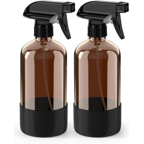 Glass Spray Bottle with Silicone Sleeve Protection, Amber Glass Spray Bottle Set for Window Cleaner Aromatherapy Facial Hydration Watering Flowers Hair Care 2 Pack/16 oz (Brown, 16 oz)