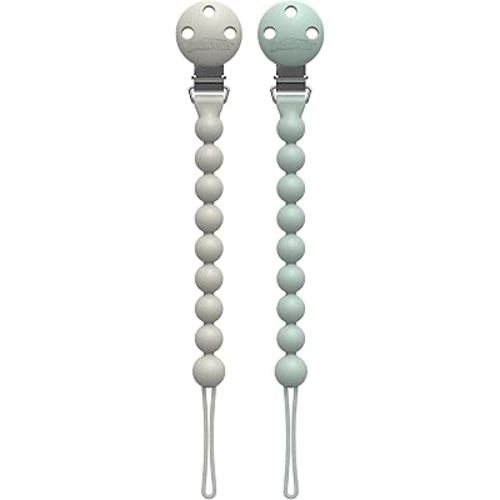 Dr. Brown's Silicone Pacifier Clips, Universal Fit Strap for Pacifiers, Green/Gray, BPA Free, 0-18 Months, 2-Pack