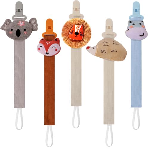 5 Pack Pacifier Clips for Girls and Boys, Multicolor Fabric Straps,5pcs Straps, Approx. 11 in / 29 cm, Resin Clips with Inner Grip Design, Fits Most Pacifiers with Handles