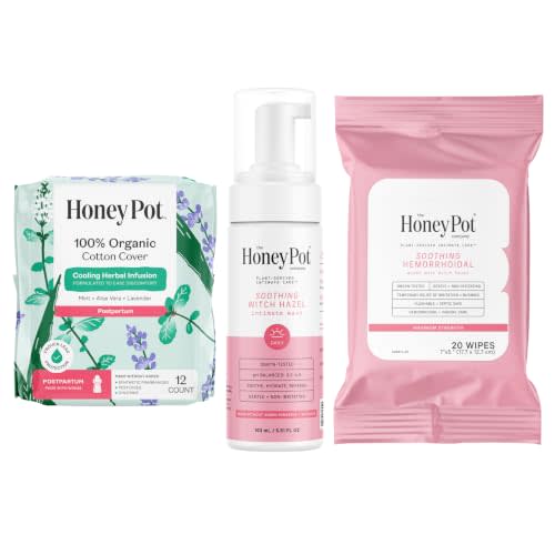 The Honey Pot Company - Postpartum Pads, Wash, & Wipe Bundle - Postpartum Essentials - 12ct Pads, Witch Hazel Feminine Wash, 20ct Witch Hazel Feminine & Hemorrhoid Wipes
