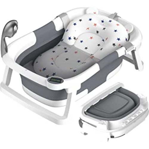AVIDOR Baby Bathtub,Collapsible Bathtub for Newborn to Toddler,Durable Essential Infant Bath Tub,Portable Travel Baby Bathtub with Soft Cushion,No-Slip Hanging and Detachable Bathtub(Grey)