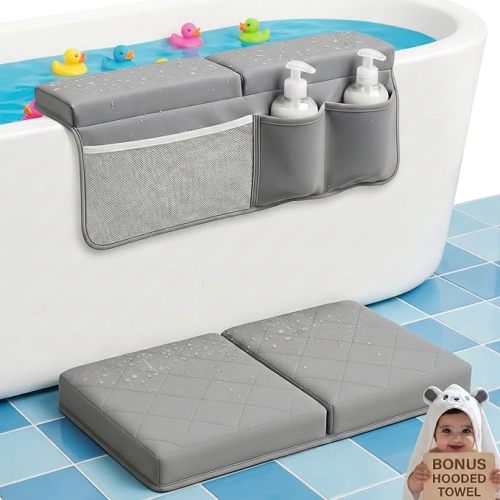 2inch XL Baby Bath Kneeler and Elbow Rest Pad Set + Hooded Towel - Embroidered Kneeling Pad for Bathing Baby - Dual-Layer Memory Foam Bathtub Kneeler and Elbow Rest Set