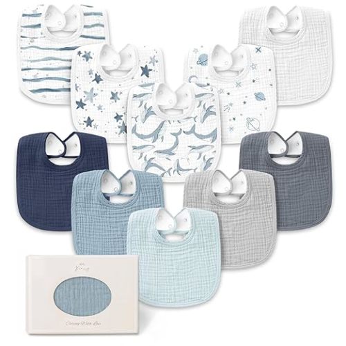 Konssy 10-Pack Muslin Baby Bibs for Drooling and Teething | Soft & Absorbent, Cotton Front with Fleece Backing, Adjustable Fit, Wash Durable, for Boys and Girls Ages 0-36 Months (Ocean)