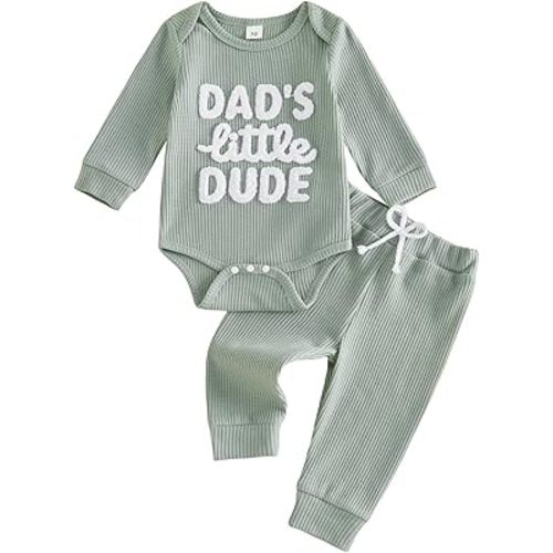 KMBANGI Baby Boy Waffle Knit Set Newborn Long Sleeve Letters Embroidered Romper Pants Infant 2 Piece Fall Winter Clothes