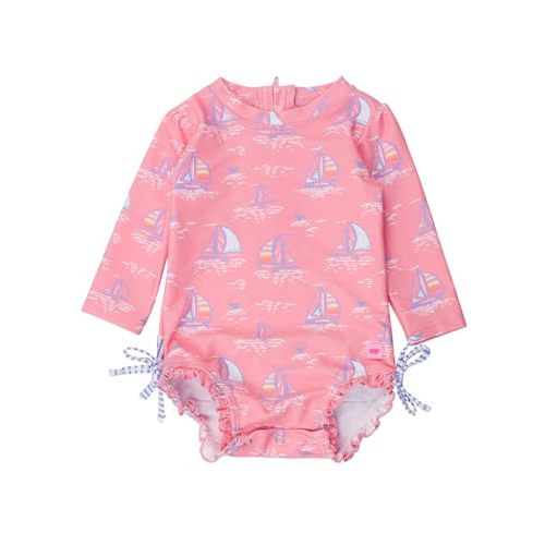 RuffleButts Baby Girls UPF 50+ Sun Protection Floral Printed Long Sleeve One Piece Rash Guard Swimsuit with Zipper