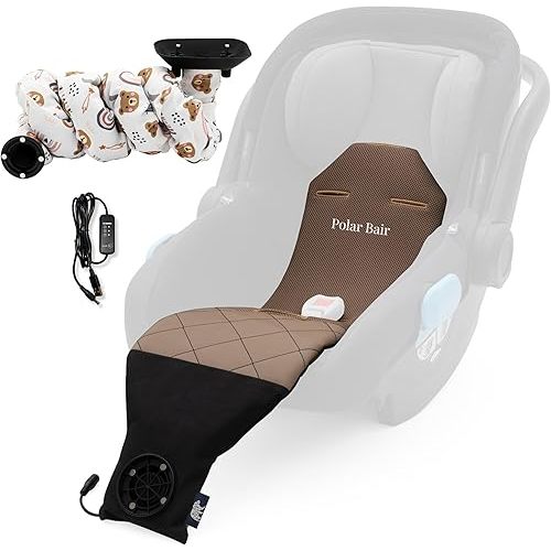 Premium Baby Car Seat Cooler – AC-Powered Cooling Pad with Built-in Fans, Universal Fit for Car Seats & Strollers, Plug & Play, for Babies 0 to 3 (Bear Design, Wood)