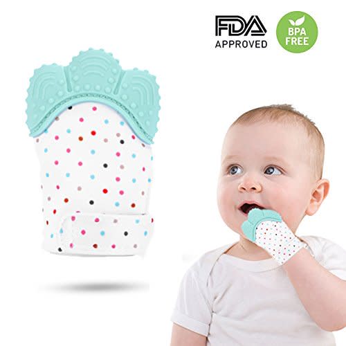 Teething Mitten For Babies is the Ultimate Self-Soothing Teething Toy. Teething Glove is BPA Free, Absorbs Drool & Washable. Adjustable Velcro Strap for Teething Babies(Greenv One Mitten) - Teething Mitten For Babies is the Ultimate Self-Soothing Teething