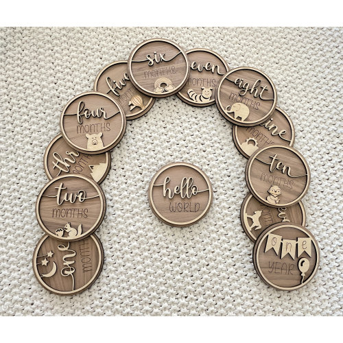 Baby Monthly Milestone, Woodland Animal Baby Decor, 3D Wooden Baby Disc, Milestone Marker, Baby Photo Prop, Hello World Birth Announcement