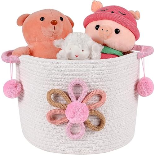 INough Pink Cotton Rope Storage Basket with 3D Flower for Kids, Blanket Baskets for Living Room Toys Organizer with Handle Woven Basket for Gifts Empty Girls Baby Hamper Nursery Decor