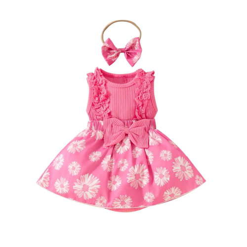Atogsazn Toddler Girls Clothes Set Baby Lace Ribbed Jumpsuit Romper Floral Skirts Outfit with Headband Z-Hot Pink 0-3 Months Fashion