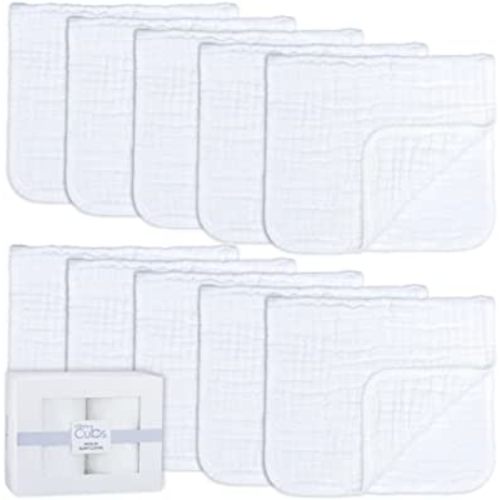 Muslin Burp Cloths Large 100% Cotton Hand Washcloths 6 Layers Extra Absorbent and Soft by Comfy Cubs (White, 10-Pack, 20" X10" )