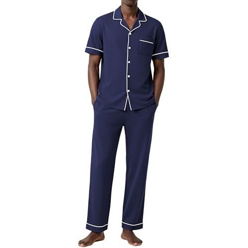 Ekouaer Men's Cotton Pajama Set Short Sleeve Button Down Sleepwear Pjs | 95% Cotton, Soft Lightweight, Long Pants Loungewear with Pocket, Classic Design, 2 Piece Lounge Pjs, Valentines Gift