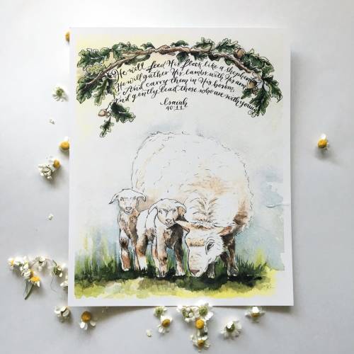 He will gently lead those who are with young, Isaiah 40:11, Mother's Day Print, Lamb illustration, Oak tree branch, Nursery decor