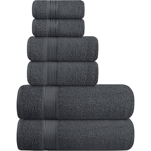 Elvana Home Ultra Soft 6 Pack Cotton Towel Set, Contains 2 Bath Towels 28x55 inch, 2 Hand Towels 16x24 inch & 2 Wash Coths 12x12 inch, Ideal Everyday use, Compact & Lightweight - Charcoal Grey