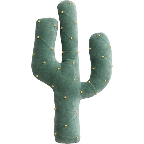 Creative Co-Op, Green Cotton Velvet Cactus Shaped Pillow with Hand-Embroidered French Knots, Yellow