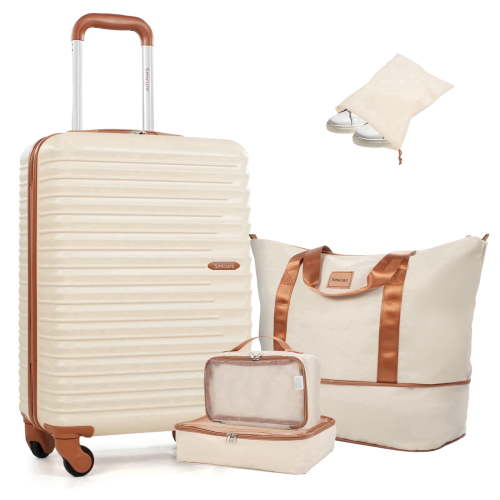 Smicure Carry On Luggage Set 5 Piece with Spinner Wheel, Hardside Lightweight Suitcase with Duffel Bag and Travel Essentials, Beige
