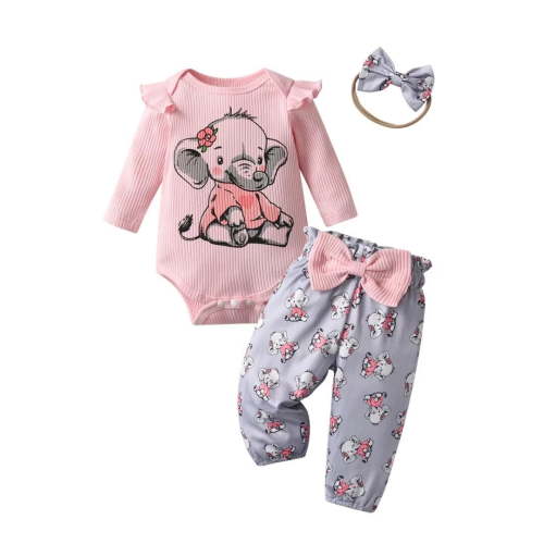Newborn Baby Girl Clothes Elephant Style Long Sleeve Ruffle Romper Pants Set 3PCS Fall Outfits Pink 0-3 Months