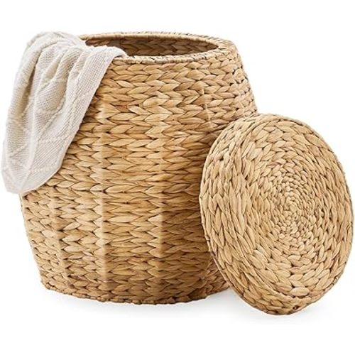 Round Wicker Basket with Lid, Handwoven Water Hyacinth Storage Basket, Blanket Organizer Basket for Laundry, Bathroom, Bedroom, Living Room, Office