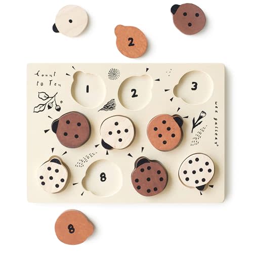 Wee Gallery Wooden Tray Puzzle Count to Ten Ladybugs, Montessori Toy for Toddlers and Preschoolers for Early Learning and Fine Motor Skill Development, Sustainable Educational Puzzle for Kids