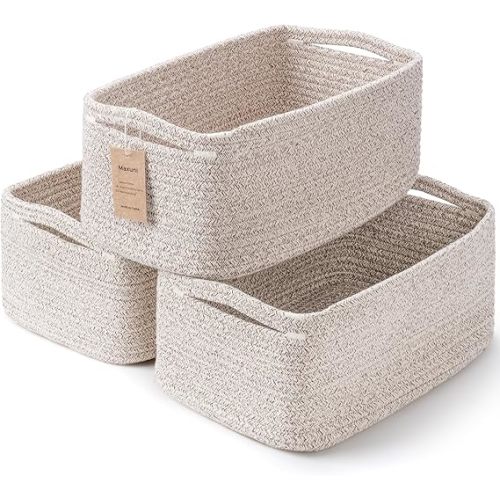 3-Pack Small Storage Baskets for Organizing | Woven Shelf Toy Basket | Rope Baskets for Gifts Empty | Closet Organizer Bins with Handles | Cube Decorative Box | 11.8×7.8×5.1” | Mixed brown