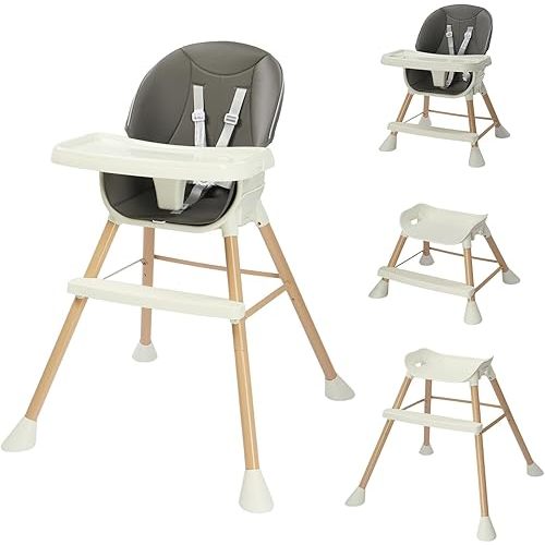 JOYMOR 5 in 1 Convertible Baby High Chair, Highchair for Babies and Toddlers, Easy Clean, Infant Highchair with Removable Double Tray & 5-Point Harness (Gray)