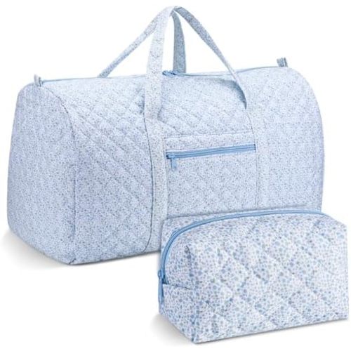 2 Pack Floral Travel Duffel Bag Large Quilted Travel Duffle Bag and Floral Makeup Pouch Portable Gym Lightweight Weekender Organizer with Zipper Pockets Grocery Pouch for Women (Blue)