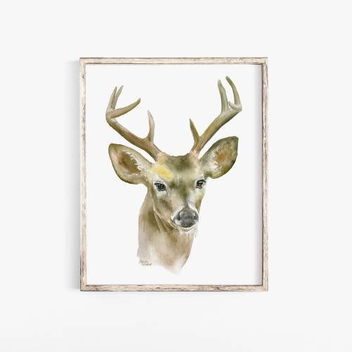 Deer Buck Watercolor Painting Giclee Print Reproduction Woodland Nursery Decor - Eight-point Unframed
