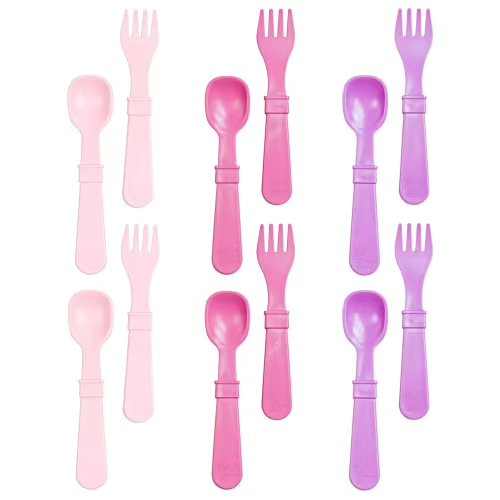 Re-Play Toddler Forks and Spoons Set - 6x6 Toddler Utensils Set - Dishwasher and Microwave Safe - Made in USA - Set of 12 - Pixel Blush