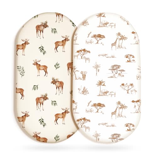 GRSSDER Ultra Soft Bassinet Sheets 2 Pack, Stretchy Breathable Knit Bassinet Mattress Sheets for Baby, Universal Fitted Baby Cradle Moses Basket Oval Rectangle Mattresses Safe and Snug, Animals Print