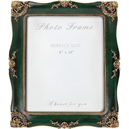 Vintage Picture Frame 8x10 Inch, Ornate Photo Frame for Wall or Tabletop Display, Antique Picture Frame with Real Glass & Hook for Home Decor - Mother's Day Birthday Gift (Green)