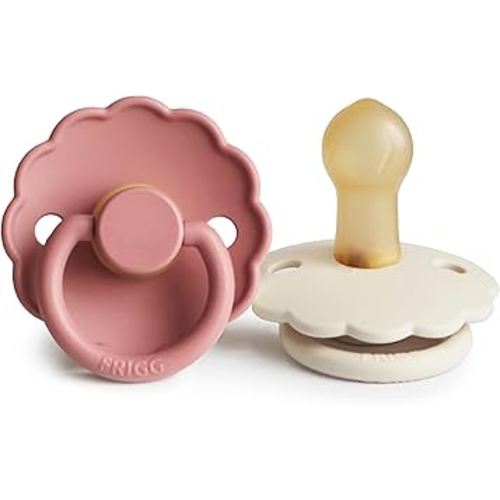 FRIGG Daisy Natural Rubber Baby Pacifier | Made in Denmark | BPA-Free (Powder Blush/Cream, 0-6 Months) 2-Pack