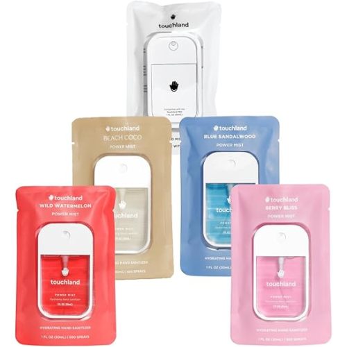 Touchland Hydrating Hand Sanitizer Spray Bundle, DREAM 5 Set (Watermelon, Berry, Beach Coco, Sandalwood Power Mists, Icy White Hand Mist Case), 1 FL. OZ. Travel Size