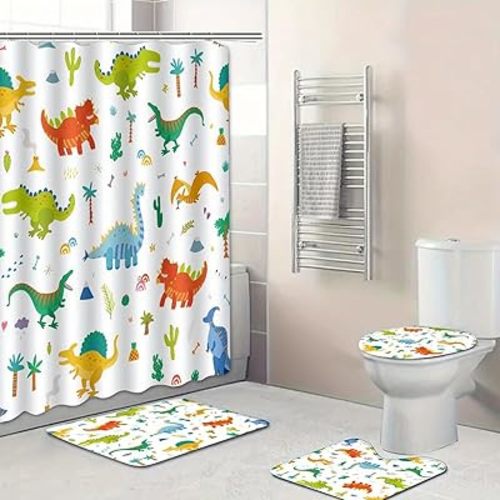 DDS-DUDES Dinosaur Bathroom Shower Curtain Set, Funny Dino for Kids Shower Curtain, Waterproof Fabric Shower Curtains with Hooks 71x71 inches