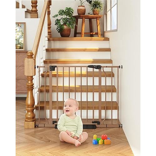 29"-40" Baby Gate for Stairs, Auto Close Stroller Friendly Dog Gate Indoor for Doorways, Pressure Mounted Baby Gate, Easy Walk Through Gate for Children & Pets, Brown
