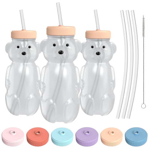 The 730 Project Honey Bear BPA-Free Spill-Proof Straw Cup for Toddlers, 8 oz, Peach, 3 Pack