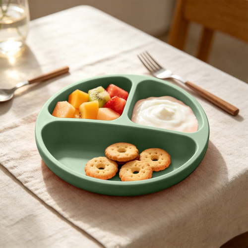 Cevemin 3 Compartment Silicone Suction Plate Anti-Slip Divided Toddler Plate Microwave Dishwasher Safe Food Tray for Baby Self Feeding