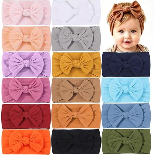 ALinmo 16PCS Baby Nylon Headbands Hairbands Hair Bow Elastics for Baby Girls Newborn Infant Toddlers Kids Colorful