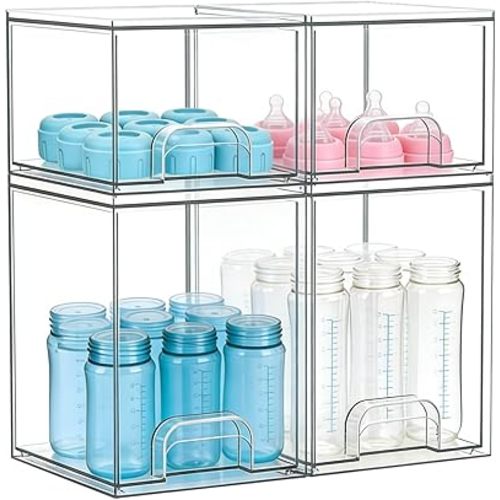Baby Bottle Organizer, Large Capacity Stackable Acrylic Storage with Non-Slip Pads, for Baby Bottles, Pump Parts, Kitchen Countertop, Pantry, Vanity, 4-Piece