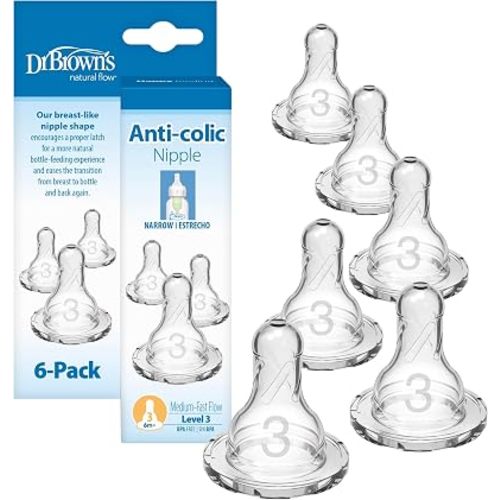 Dr. Brown's Natural Flow Level 3 Narrow Baby Bottle Nipple,Medium-Fast Flow,6m+,100% Silicone,6 Count (Pack of 12)