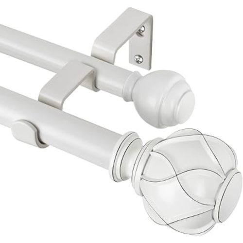 KAMANINA 1 Inch Double Curtain Rods for Windows 36 to 72 Inches (3-6 Feet), Ivory White Heavy Duty Double Curtain Rod, Telescoping Drapery Rod with Netted Texture Finials