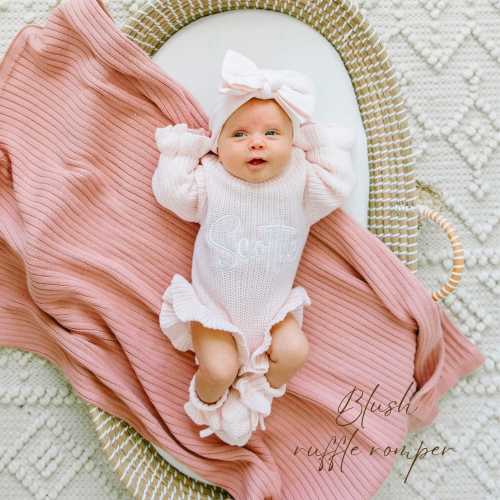 Keepsake Embroidered Knit Ruffle Romper, Personalized Newborn Name Chunky Sweater Romper Baby Girl, Embroidered Newborn Oversized Sweater