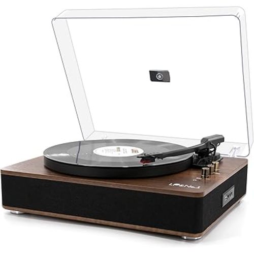 LP&No.1 Record Player with Stereo Speakers, 3-Speed Belt-Drive Turntable for Vinyl Records with Wireless Playback and Auto-Stop,Walnut Wood