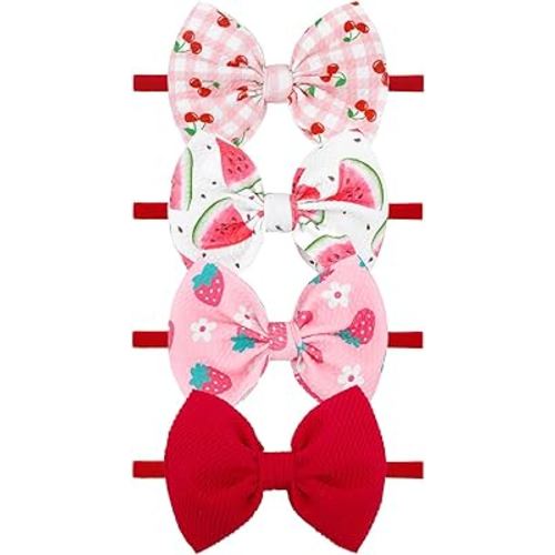 YanJie 4 Pcs 4.5’’ Fruit Hair Bows Baby Girl Headbands Summer Outfits Pink Hair Accessories for Newborn Infant Toddler Girls Clothes