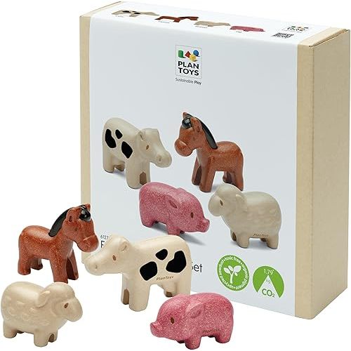 PlanToys Farm Animal Figurines Set - Four Cute Sustainably-Made Wood Pig, Sheep, Cow, and Horse Figures to Stimulate Interactive and Creative Play