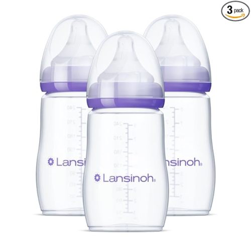 Lansinoh Anti-Colic Baby Bottles, BPA-Free Plastic, 8 Ounces, 3 Count, Medium Flow Nipples (Size M), Breastfeeding Bottle with NaturalWave Design
