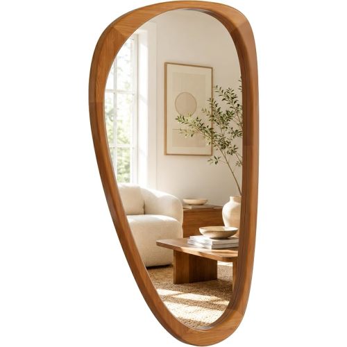Solid Wood 48"x24" Large Aesthetic Wabi-Sabi Statement Mirror, Warm Walnut Full Length Irregular Mirror, Modern Organic Asymmetrical Wooden Wall-Mounted Mirror, Honey Walnut